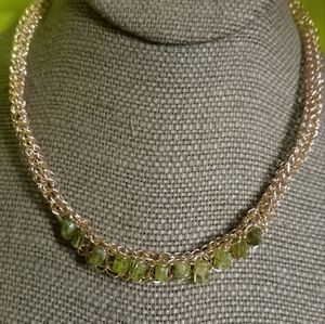 Gold woven wire necklace Green beads